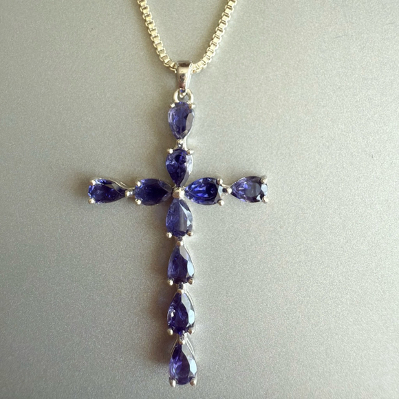 Faux Sapphire Blue CZ 925 Sterling Silver 2" Large Cross Pendant Necklace - Picture 1 of 8